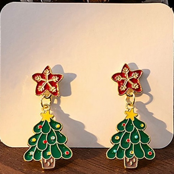 NEW Silver 925 Christmas Tree Green & Crimson Teardrop Holiday Earrings Jewelry - Picture 2 of 3